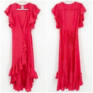ELF Bali Made By Hand Carmen Red Ruffle Wrap‎ Vacation Party Maxi Dress Size S